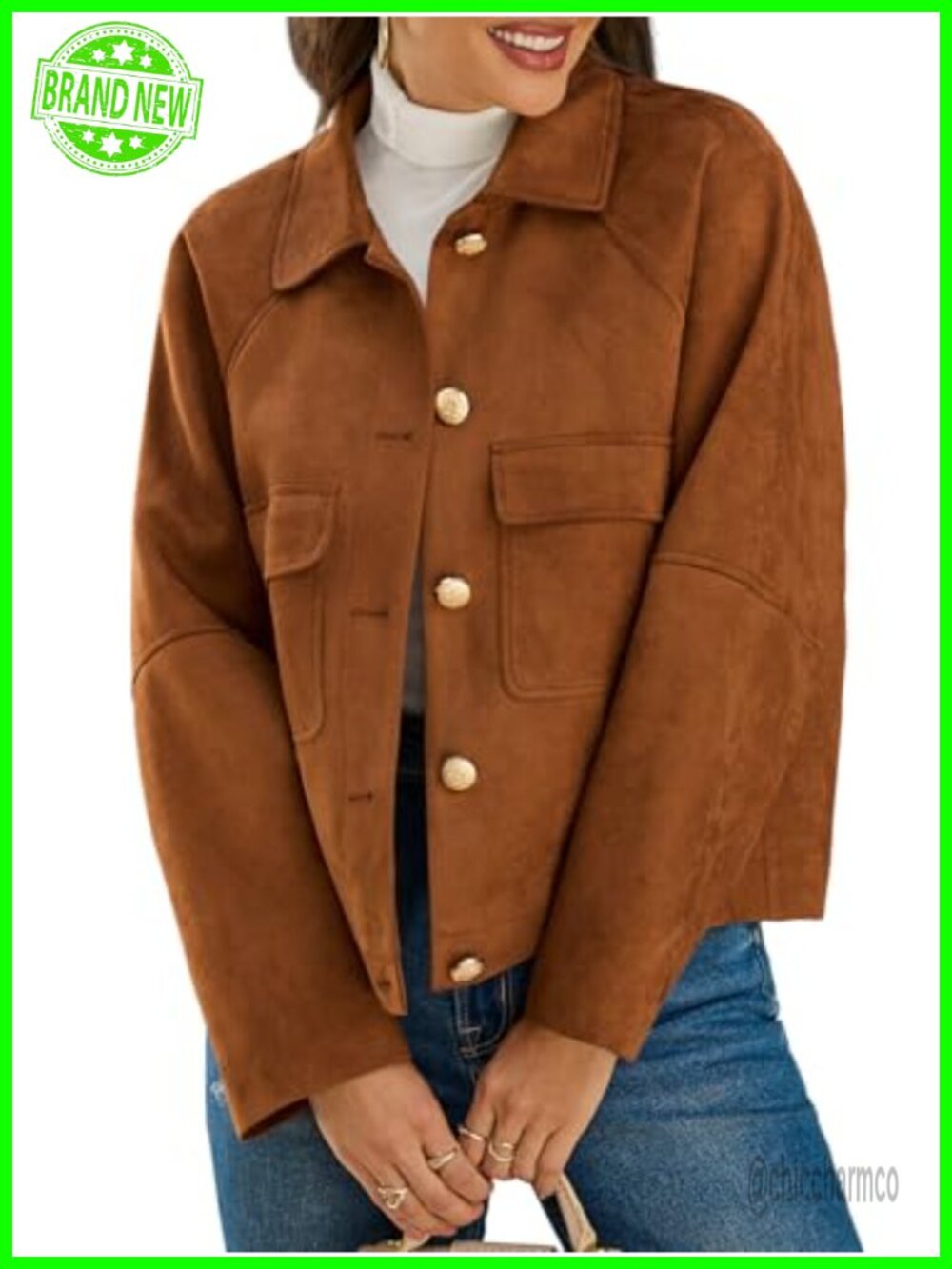 Faux Suede Cropped Shacket with Lapel Collar and Chest Pockets